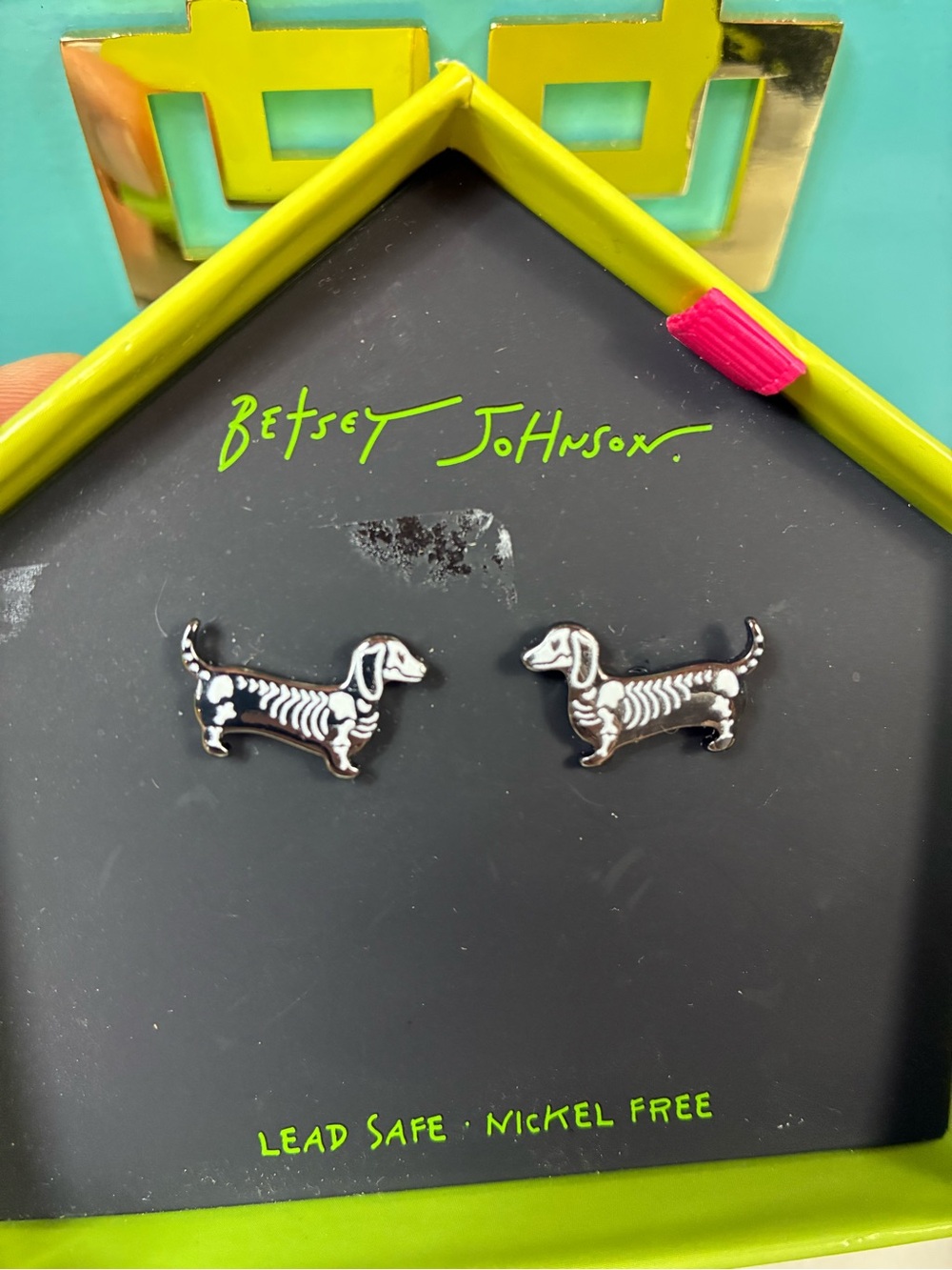 Betsey Johnson Skeleton Dachshund Dog Silver Tone Earrings - New in Box NWT